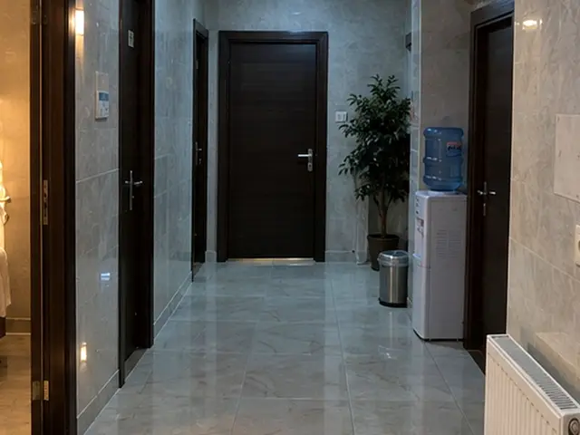 Aydınlık mermer koridor ve bekleme köşesi — Otogar, Masaj Salonun